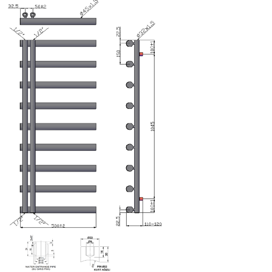 Towelrads Mayfair Anthracite Heated Towel Rail Radiator - 1245 x 500mm