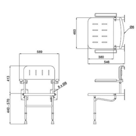 White Wall Mounted Folding Shower Seat With Arms - Nymas 