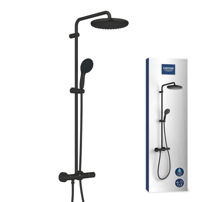 GROHE QuickFix Black Vitalio Start System 250 Shower System with Thermostat for Wall Mounting