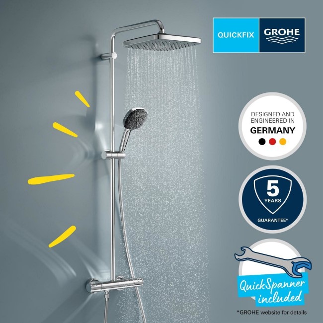 GROHE QuickFix Chrome Vitalio Comfort 250 Shower System with Thermostat for Wall Mounting