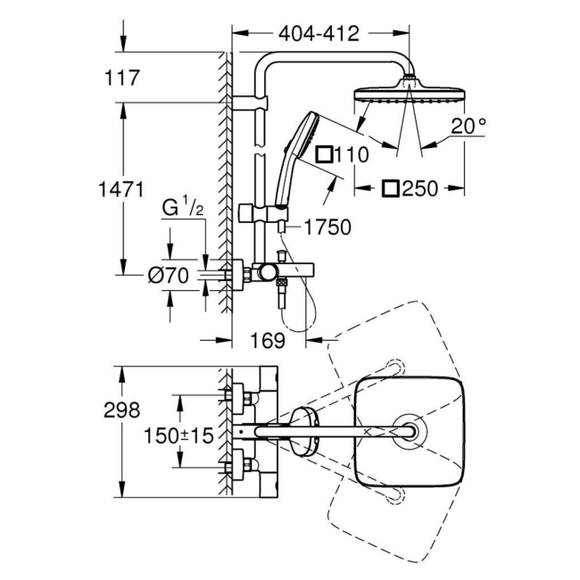 GROHE QuickFix Chrome Vitalio Comfort 250 Shower System with Bath Thermostat for Wall Mounting