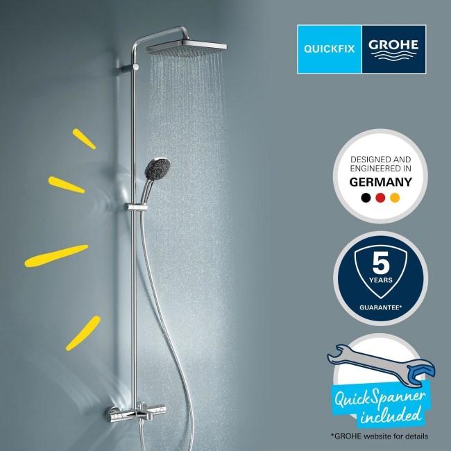 GROHE QuickFix Chrome Vitalio Comfort 250 Shower System with Bath Thermostat for Wall Mounting