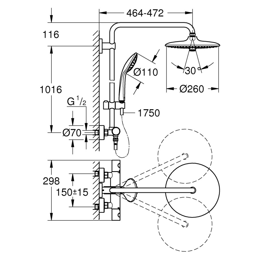 Grohe Euphoria 260 Thermostatic Mixer Bar Shower with Round Overhead & Handset