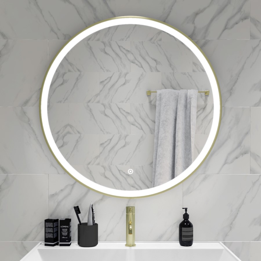 GRADE A1 - Round Brass LED Bathroom Mirror with Demister 800mm - Antares 