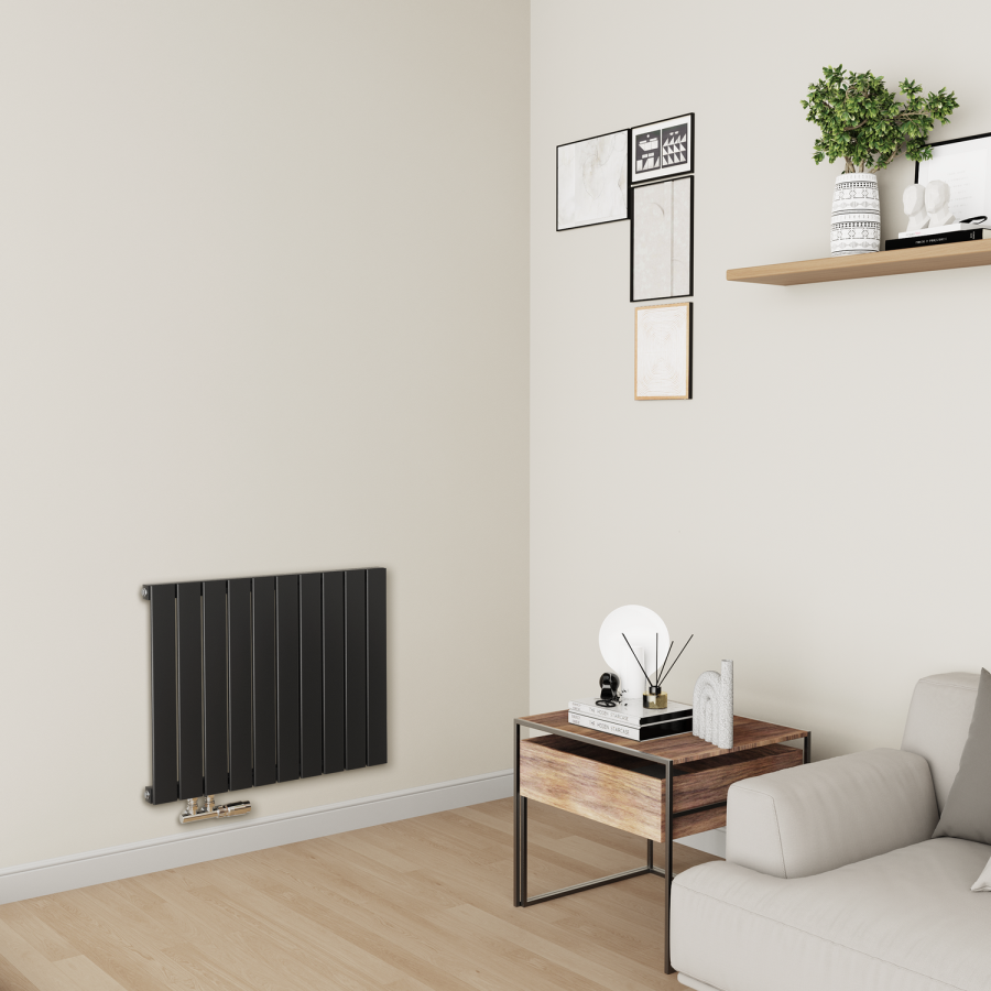 Eco Eleganza Midnight Black Horizontal Flat Designer Aluminium Radiator 600x750mm Single Panel 2302 BTU