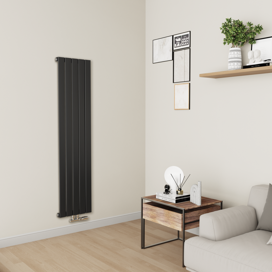 Eco Eleganza Midnight Black Vertical Flat Designer Aluminium Radiator 1600x375mm Single Panel 2546 BTU