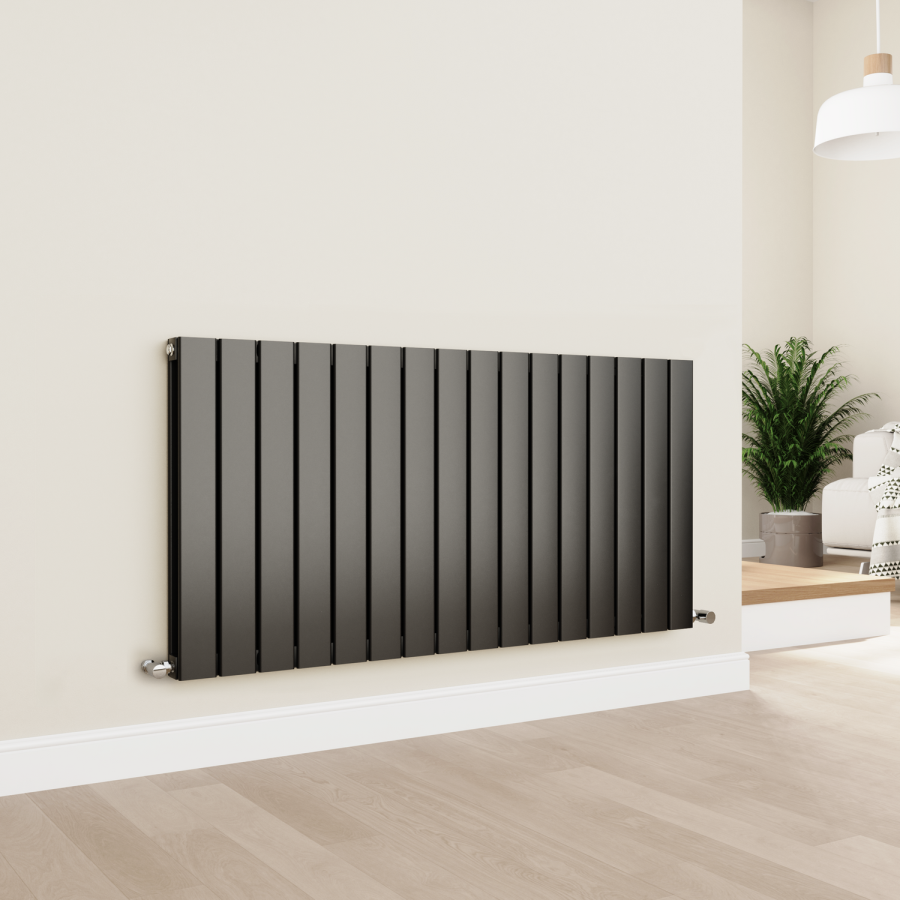 Eco Eleganza Midnight Black Horizontal Flat Designer Aluminium Radiator 600x1200mm Double Panel 4890 BTU