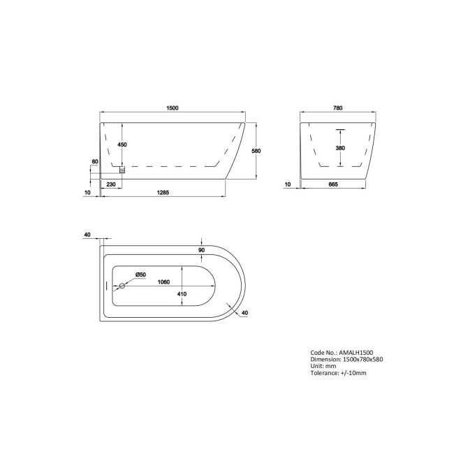 GRADE A1 - Freestanding Single Ended Left Hand Corner Bath 1500 x 800mm - Amaro