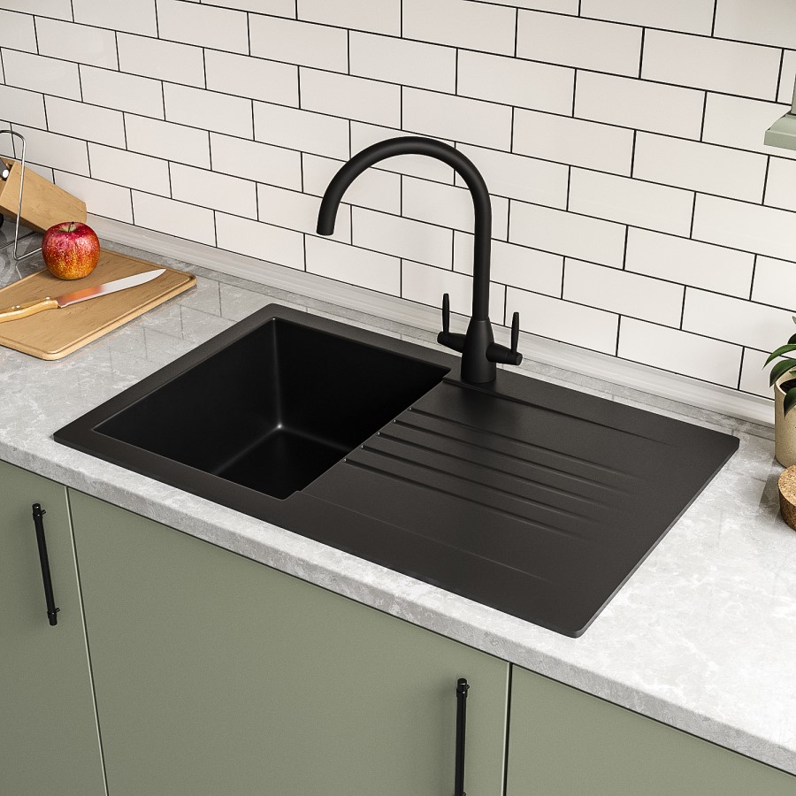 GRADE A2 - 1 Bowl Black Composite Small Kitchen Sink with Reversible Drainer - Essence Amelia