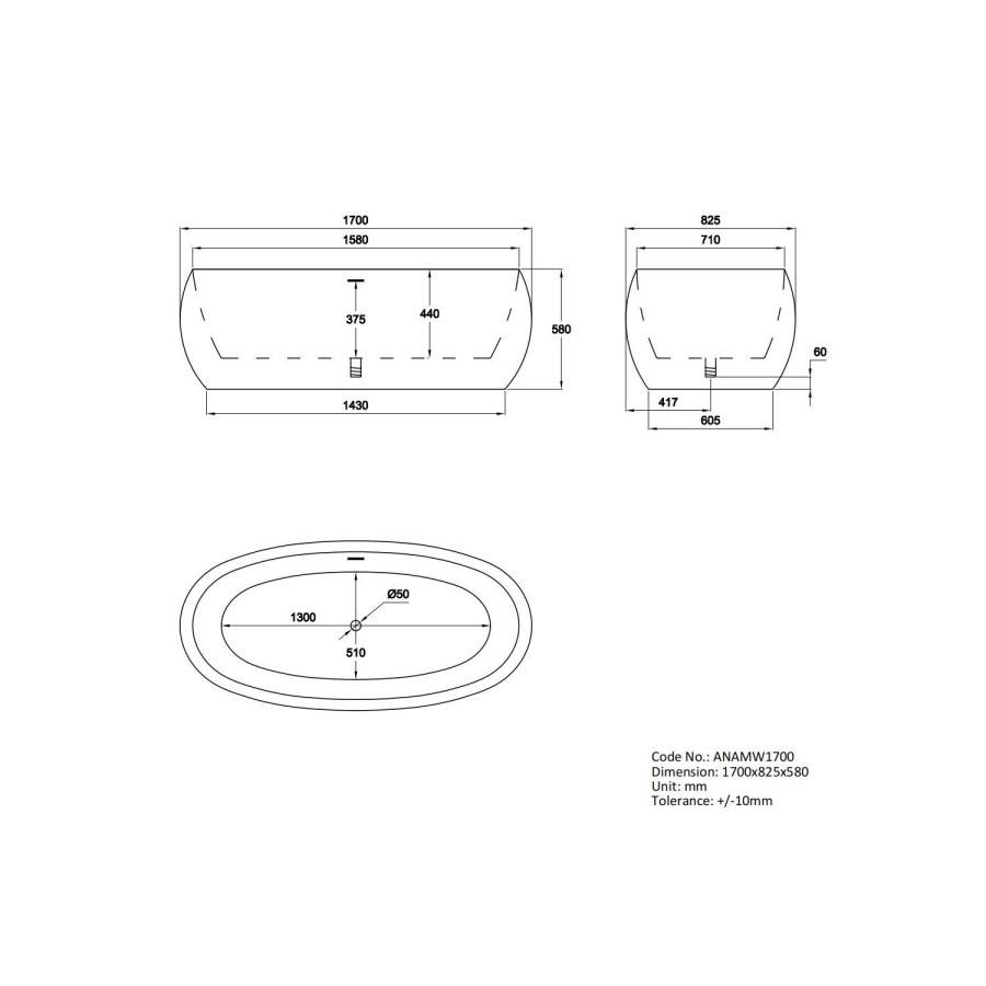 GRADE A1 - Freestanding Double Ended 1700 x 825mm Bath Matt White - Ana