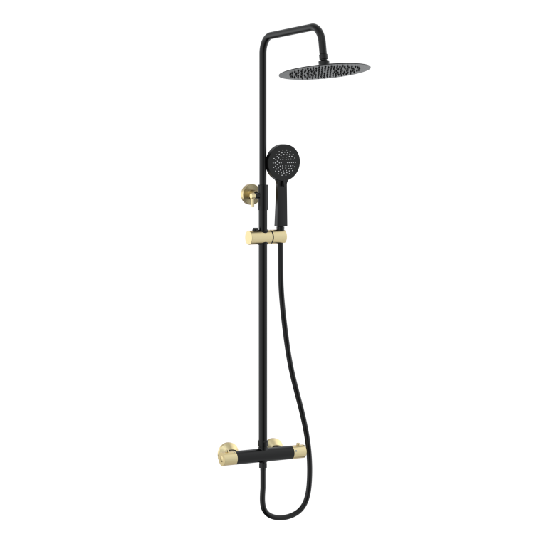 Black and Brass Thermostatic Bar Mixer Shower Set with Slide Rail Kit & Hand Shower - Arissa