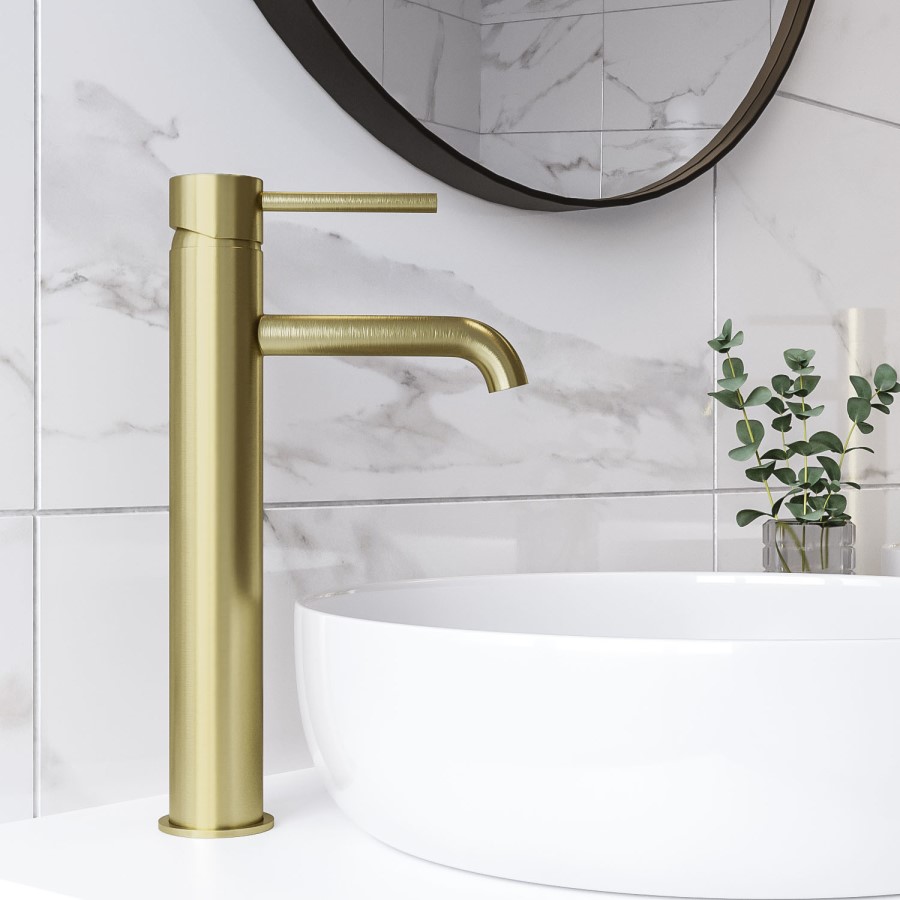 GRADE A1 - Brushed Brass Tall Mono Basin Mixer Tap - Arissa