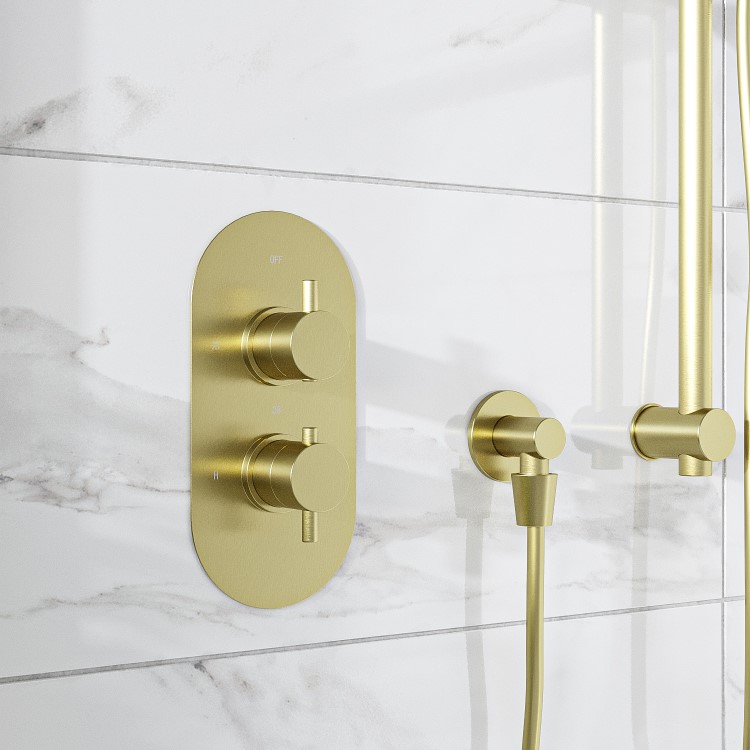 Brushed Brass 2 Outlet Concealed Thermostatic Shower Valve with Dual Control - Arissa