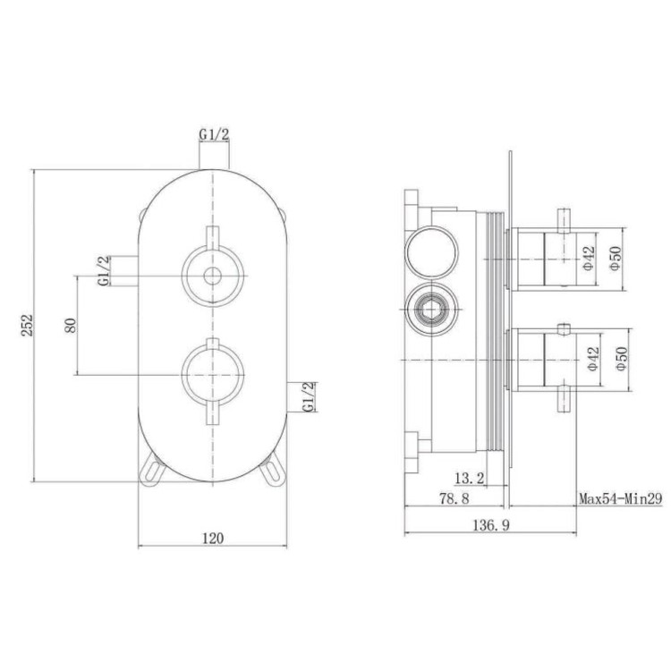 Brushed Brass 2 Outlet Concealed Thermostatic Shower Valve with Dual Control - Arissa