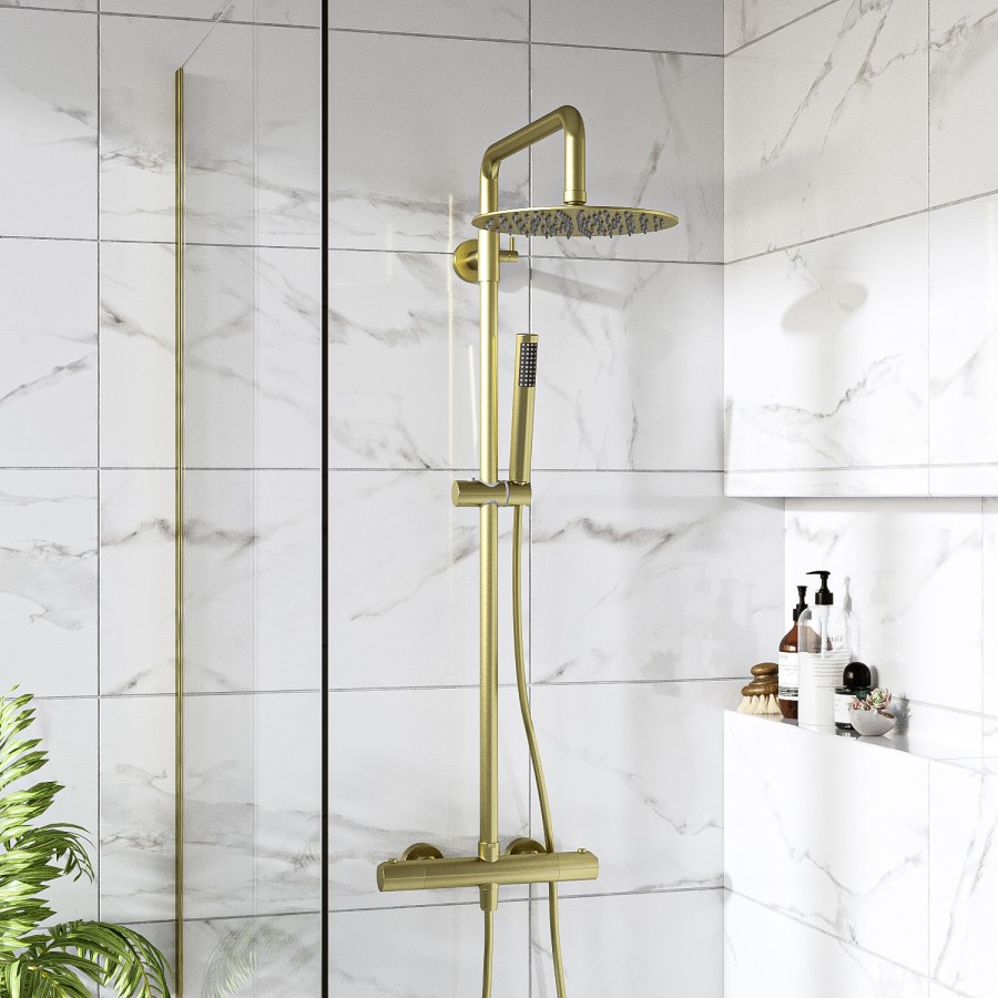 GRADE A1 - Brushed Brass Thermostatic Mixer Bar Shower with Round Overhead & Pencil Handset - Arissa