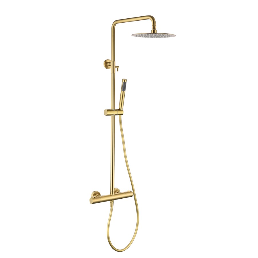 GRADE A1 - Brushed Brass Thermostatic Mixer Bar Shower with Round Overhead & Pencil Handset - Arissa