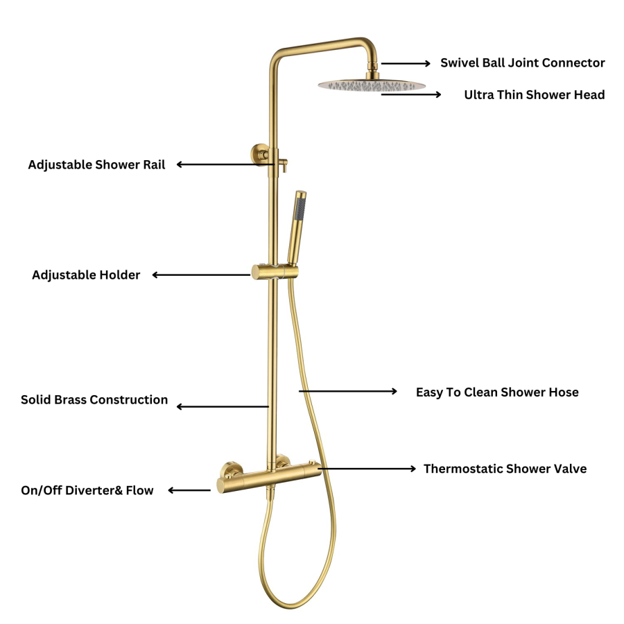 GRADE A1 - Brushed Brass Thermostatic Mixer Bar Shower with Round Overhead & Pencil Handset - Arissa