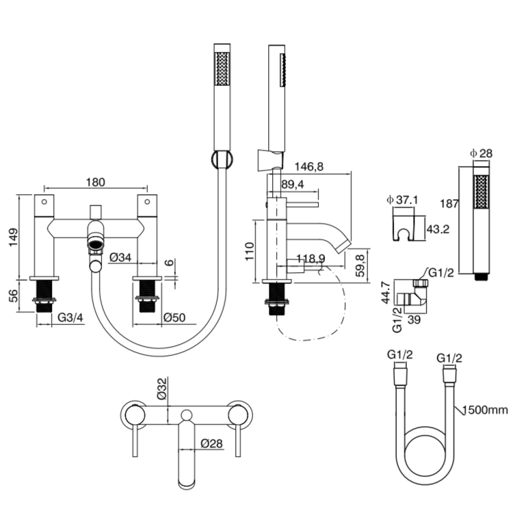 GRADE A1 - Black Bath Shower Mixer Tap - Arissa