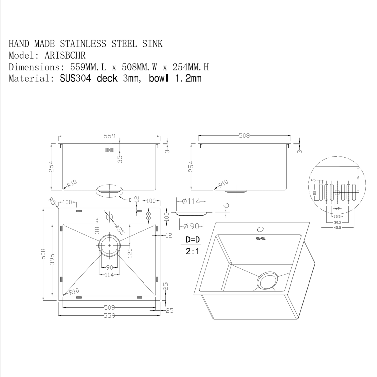 Single Bowl Chrome Inset Stainless Steel Kitchen Sink- Enza Aria