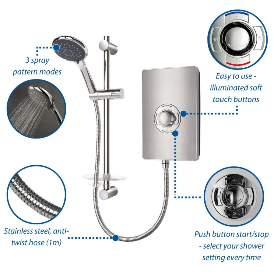 Triton Aspirante 9.5kW Brushed Steel Electric Shower