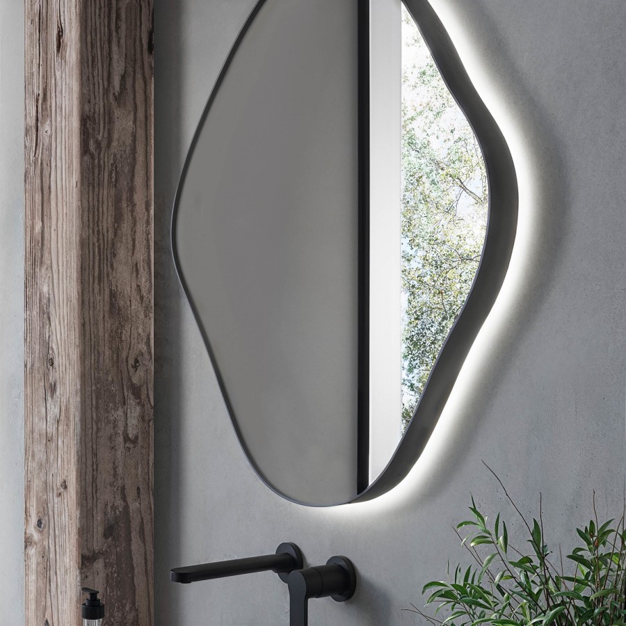 Pebble Black Backlit Heated Bathroom Mirror with Lights 760 x 800mm - Aster