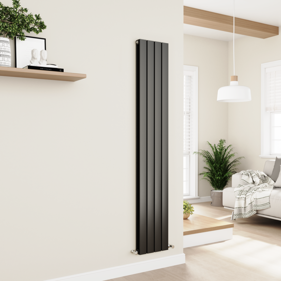 Eco Eleganza Midnight Black Vertical Flat Designer Aluminium Radiator 1800x300mm Double Panel 2928 BTU