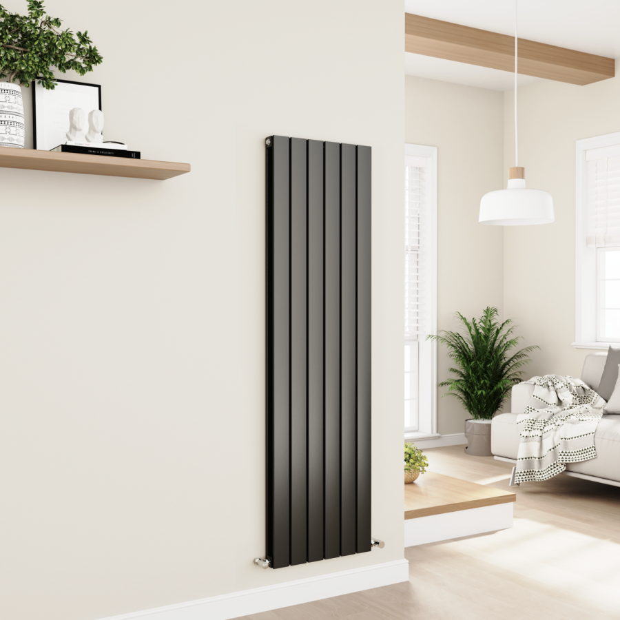 Eco Eleganza Midnight Black Vertical Flat Designer Aluminium Radiator 1600x450mm Double Panel 4049 BTU