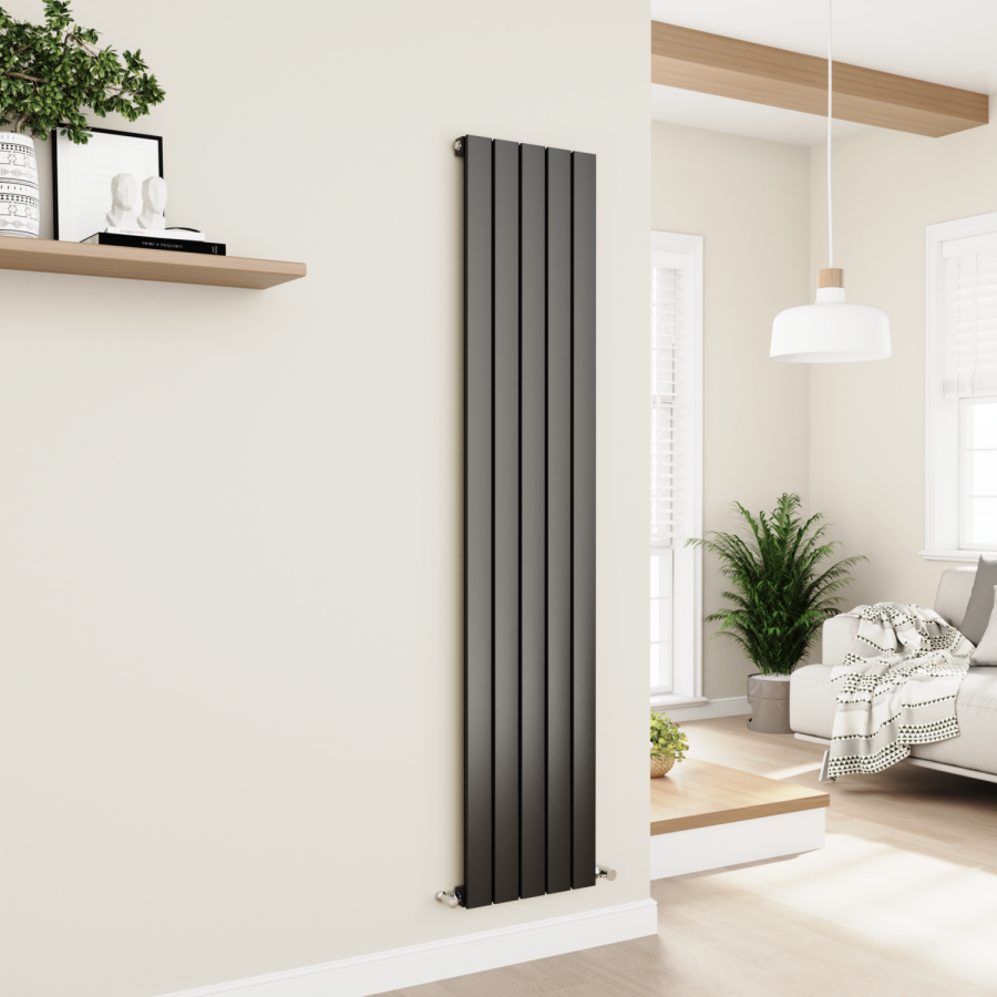 Eco Eleganza Midnight Black Vertical Flat Designer Aluminium Radiator 1800x375mm Single Panel 2823 BTU