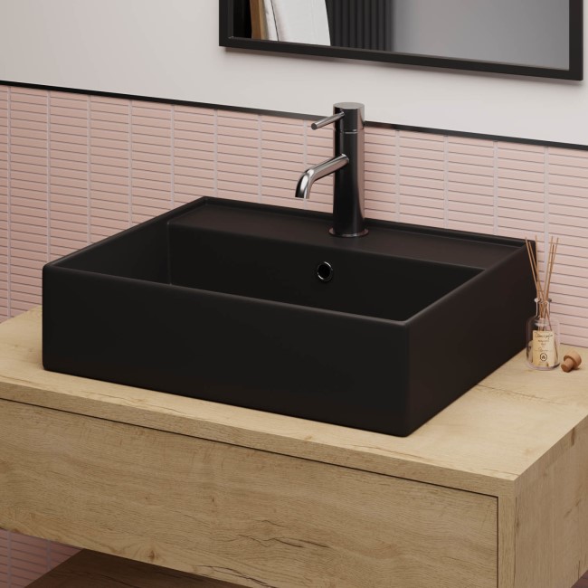 GRADE A1 - Matt Black Square Countertop Basin 497mm - Bowen