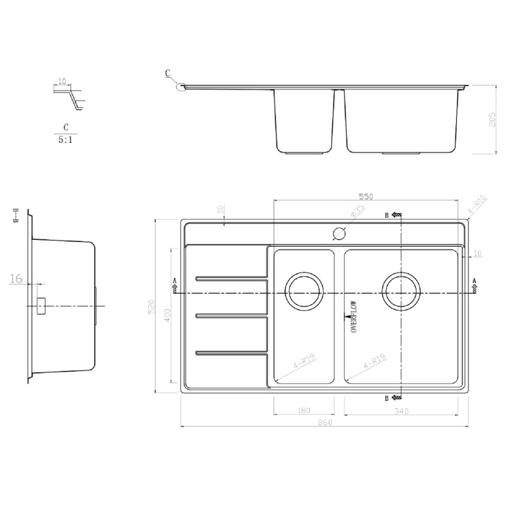 Rangemaster Boston 1.5 Bowl Inset Chrome Stainless Steel Kitchen Sink with Left Hand Drainer