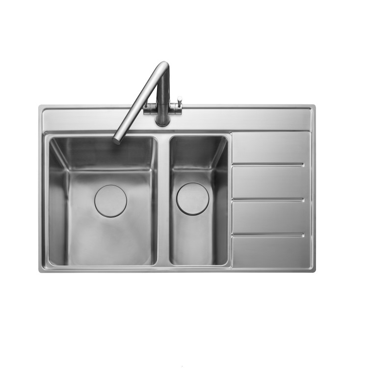 Rangemaster Boston 1.5 Bowl Inset Chrome Stainless Steel Kitchen Sink with Right Hand Drainer