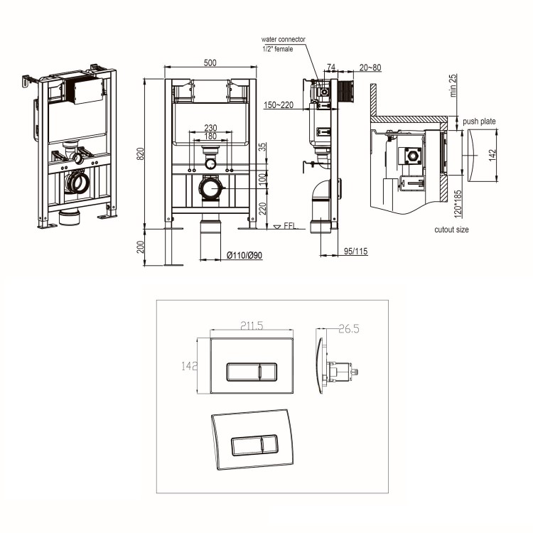 Wall Hung Smart Bidet Japanese Toilet & 820mm Frame Cistern and Black Pneumatic Flush Plate - Purificare