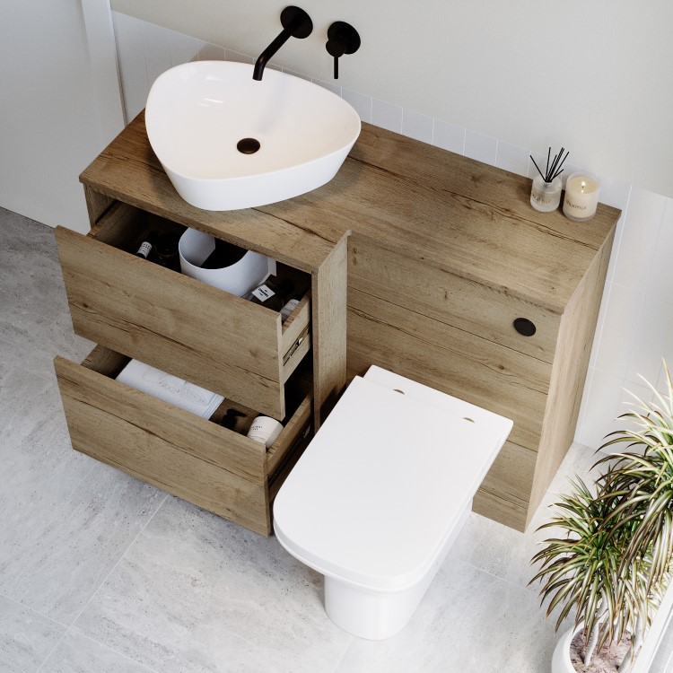 1100mm Wood Effect Left Hand Toilet and Sink Unit with Triangular Basin and Matt Black Push Button - Palma