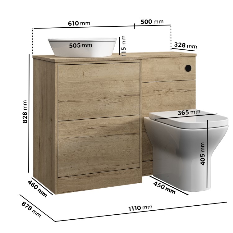 1100mm Wood Effect Left Hand Toilet and Sink Unit with Triangular Basin and Matt Black Push Button - Palma