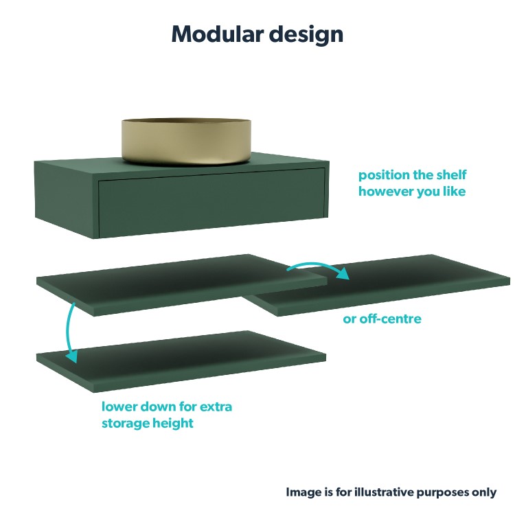 800mm Green Wall Hung Countertop Vanity Unit with Brass Basin and Shelves - Lugo