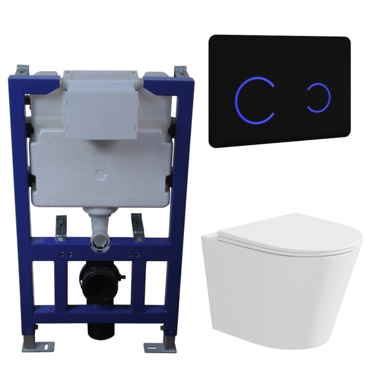 Grade A1 - Matt White Wall Hung Rimless Toilet with Soft Close Seat Black Glass Sensor Pneumatic Flush Plate 820mm Frame & Cistern - Verona