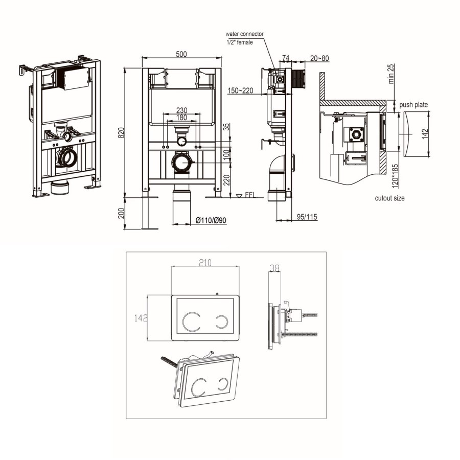 Matt White Wall Hung Rimless Toilet with Soft Close Seat Black Glass Sensor Pneumatic Flush Plate 820mm Frame & Cistern - Verona