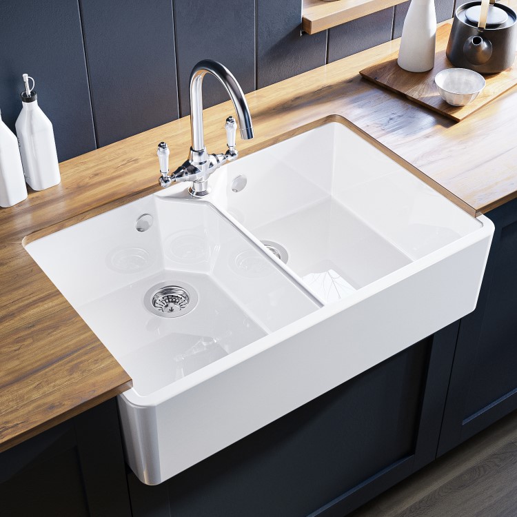 Double Bowl White Ceramic Belfast / Butler Kitchen Sink - Taylor & Moore Ada