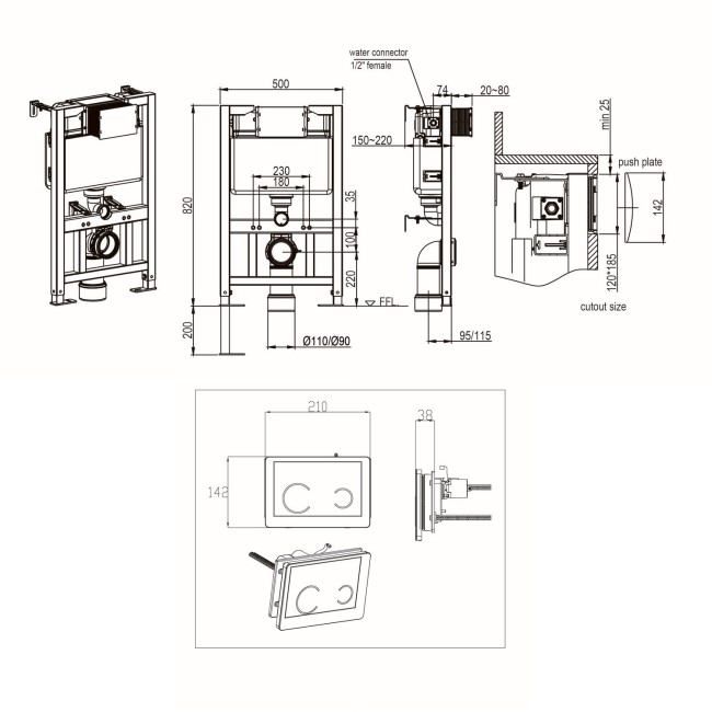 Albi Wall Hung Toilet 820mm Pneumatic Frame & Cistern & Black Glass Flush Plate