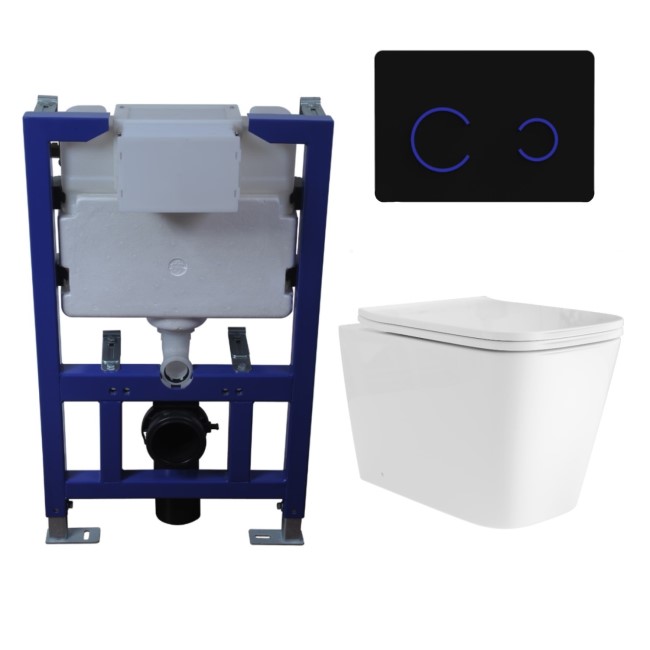 Albi Wall Hung Toilet 820mm Pneumatic Frame & Cistern & Black Glass Flush Plate