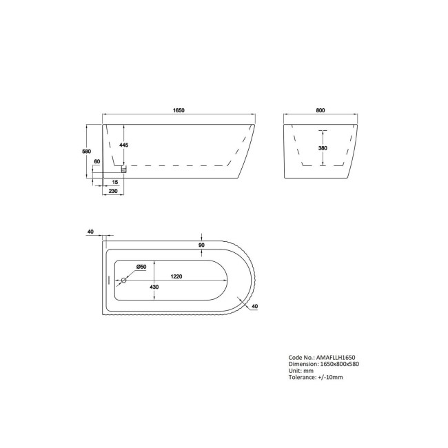 Freestanding Single Ended Left Hand Fluted Corner Bath 1650 x 800mm With Brushed Brass Bath Screen - Amaro