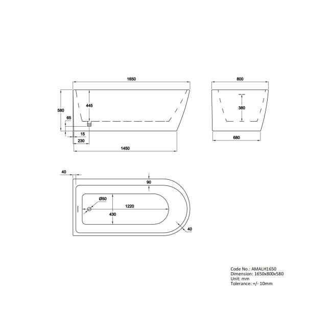 Freestanding Single Ended Left Hand Corner Shower Bath with Black Bath Screen with Towel Rail  1650 x 800mm - Amaro