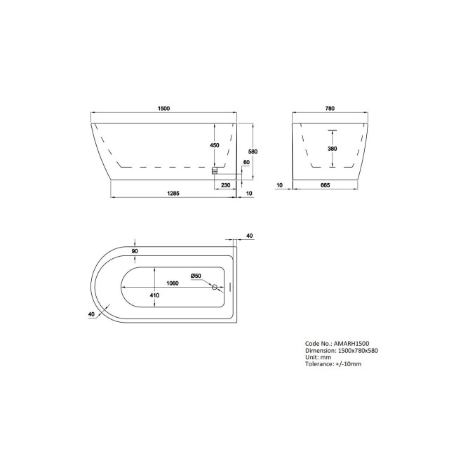 Freestanding Single Ended Right Hand Corner Bath 1500 x 800mm - Amaro