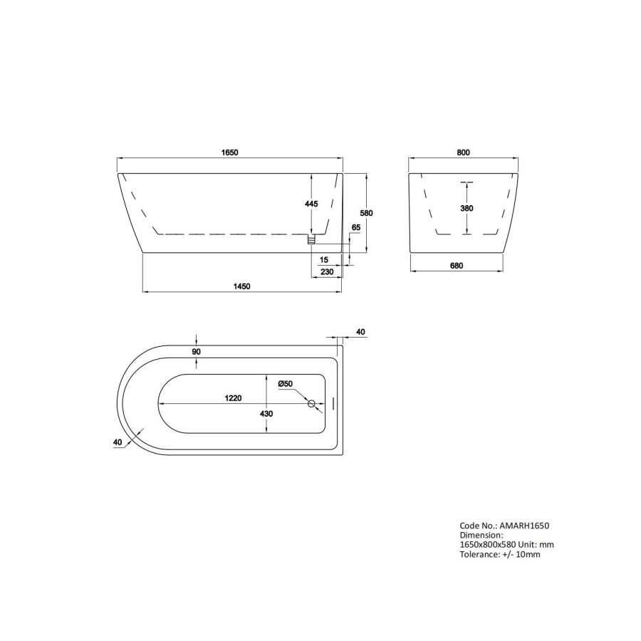 Freestanding Single Ended Right Hand Corner Shower Bath with Chrome  Sliding  Bath Screen 1650 x 800mm - Amaro