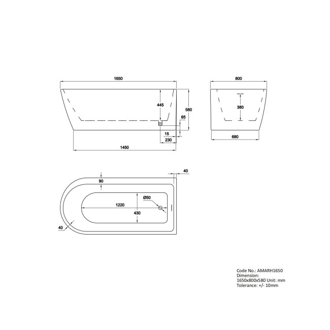 Freestanding Shower Bath Single Ended Right Hand Corner with Brass Bath Screen 1650 x 800mm - Amaro