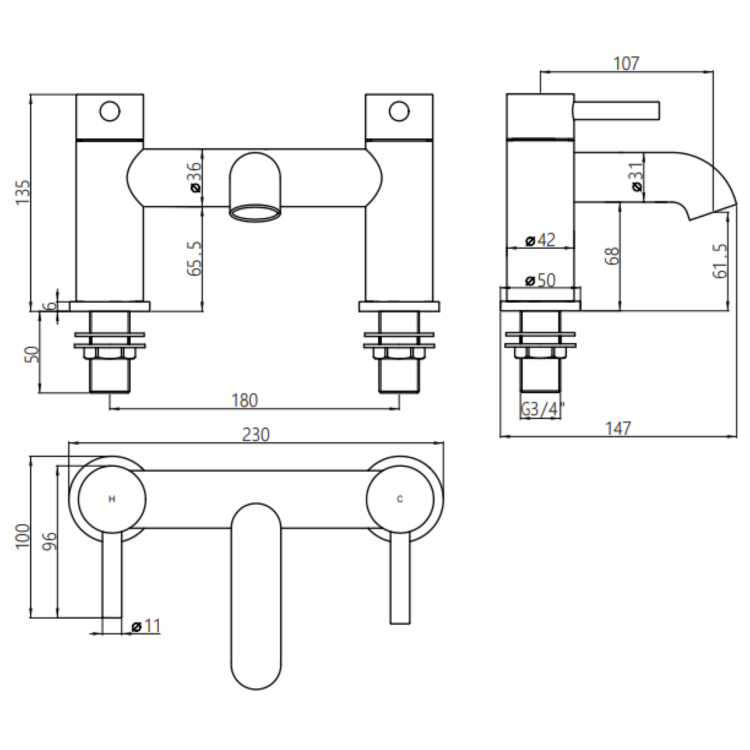 Gunmetal Grey Bath and Basin Tap Set with Basin Waste - Arissa