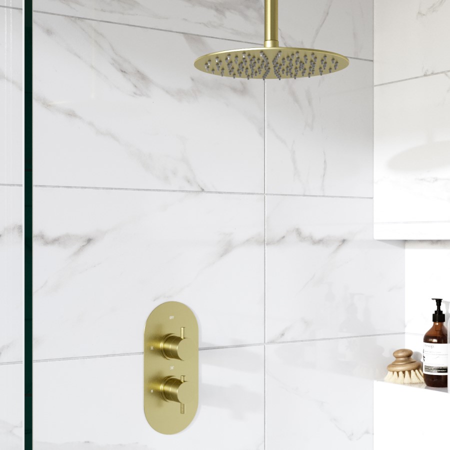 Arissa Concealed Dual Handle Round Brushed Brass 1 outlet shower valve shower head and ceiling arm