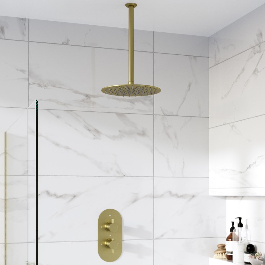 Arissa Concealed Dual Handle Round Brushed Brass 1 outlet shower valve shower head and ceiling arm