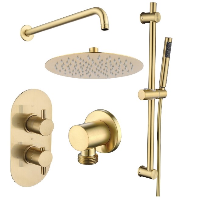 Brushed Brass Dual Outlet Wall Mounted Thermostatic Mixer Shower Set with Hand Shower - Arissa