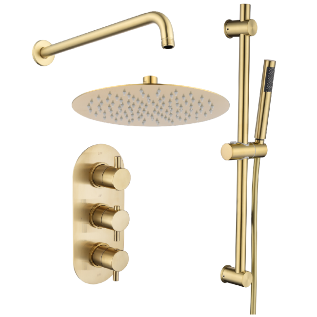 Brushed Brass Dual Outlet Wall Mounted Thermostatic Mixer Shower Set with Hand Shower & Diverter - Arissa